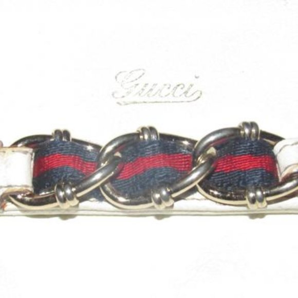 Gucci White Textured Gold Chain Red Navy Stripes - Picture 4 of 13